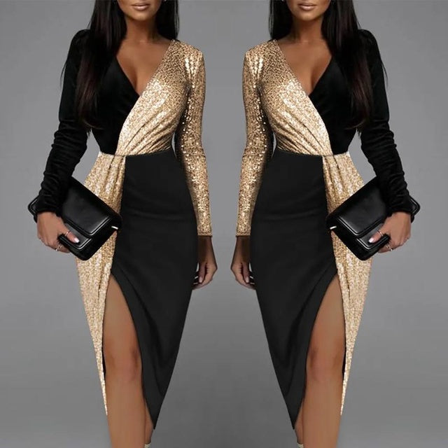 Elegant Black Deep V-Neck Bodycon Dress for Women