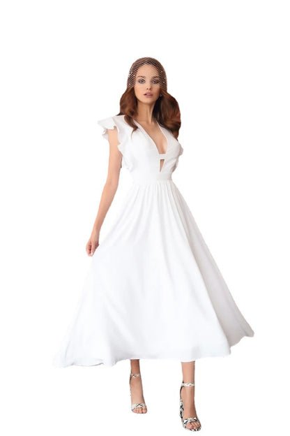 White V-Neck Summer Midi Dress