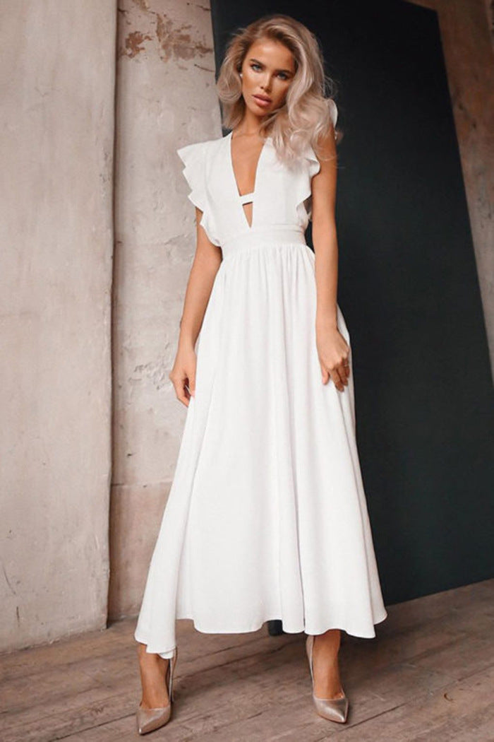 White V-Neck Summer Midi Dress